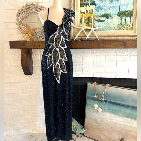 VTG,Lillie Rubin Exquisite, Black Sequin Beaded-Leaf Motif,Evening Gown,Size M - Picture 5 of 16